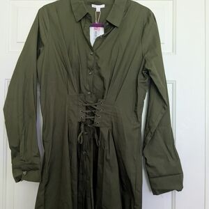 Olive Green Lace-Up Shirt Dress